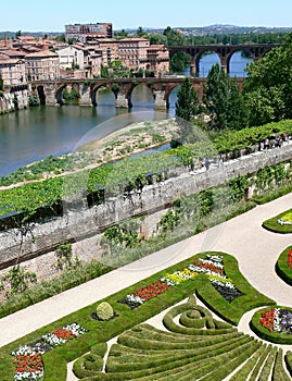 Bridges and part of the city of Albi with the gardens of the bishopric in the forground