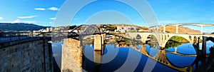 Bridges of Regua crossing Douro river: the pedestrian bridge, the road bridge between Lamego and Vila Real and the Miguel To