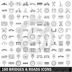 100 bridges and roads icons set, outline style