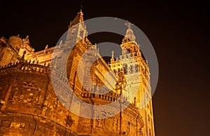 the lights of the night illuminate the splendid architecture of Seville