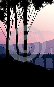 Bridges and travel. Natural forest mountains horizon hills silhouettes of trees. Sunrise and sunset. Landscape wallpaper.