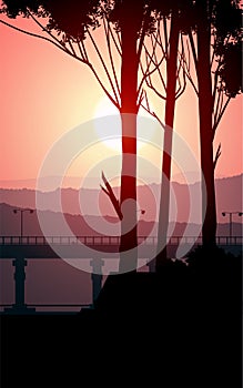 Bridges and travel. Natural forest mountains horizon hills silhouettes of trees. Sunrise and sunset. Landscape wallpaper.