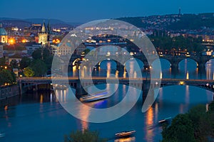 Bridges on the Vltava River on an April evening. Prague, Czech Republic