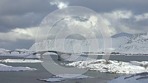 Bridges in the Winter Fjord and Clouds. Fast Motion