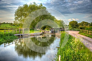 Bridgwater and Taunton Canal Somerset UK on calm still day in colourful HDR