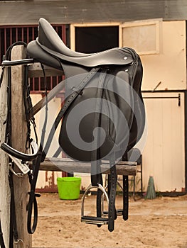Bridle and professional dressage saddle hanging near stable