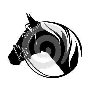 Bridled horse side view head black and white vector silhouette outline