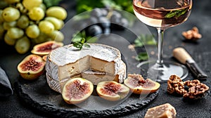 Brie Cheese, Figs, Walnuts, and a Glass of Rose Wine