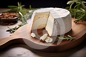 Brie cheese with rind of white mould on cutting board