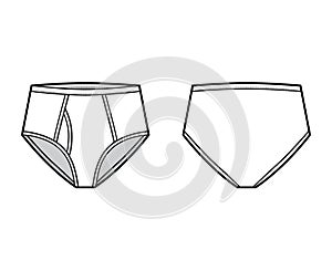 Brief underwear technical fashion illustration with front slit, elastic waistband, vertical fly. Flat trunks Underpants