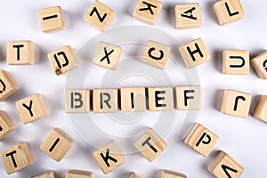 BRIEF. Wooden alphabet letter blocks on a white background