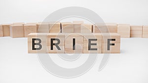 brief word, text, written on wooden cubes, building blocks, over white background