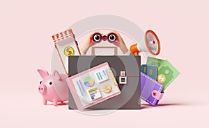 Briefcase with analysis business financial data,white clipboard checklist,binocular,wallet,megaphone isolated on pink background,