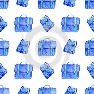 Briefcase and backpack illustration in blue. School briefcase, briefcase for documents. seamless pattern on white background.