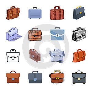 Briefcase business suitcase bag and baggage accessory for work or office illustration set bagged case isolated on white