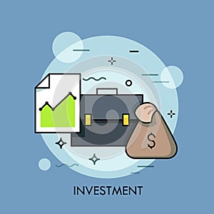 Briefcase, document with graph and moneybag. Investment, banking, stock exchange, market trading, broker service concept