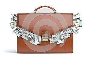 Briefcase full of dollars isolated on white background. Bribery, corruption, stock exchange portfolio financial concept