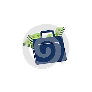 Briefcase with many green banknotes flat style, vector illustration