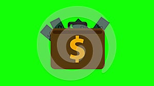 Briefcase with money icon loop animation, business or finance concept, alpha channel, transparent background, ProRes 444