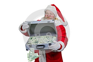 Briefcase with money in Santa Claus hands.