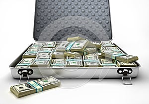 Briefcase open, full of USD banknotes. Front view