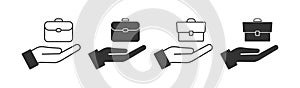 Briefcase an open palm icon. Offer a job symbol. Sign portfolio and hand 