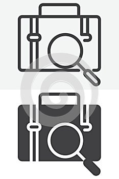 Briefcase search line and solid vector icon set in different style