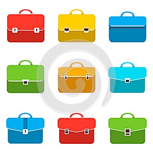 Briefcase, a set of colored cartoon business briefcases in a white outline. Vector illustration.