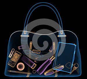 Briefcase under xray on security control. 3D illustration.