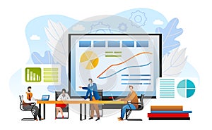 Briefing concept, business meeting vector illustration. Businessman giving presentation to team in office. Business