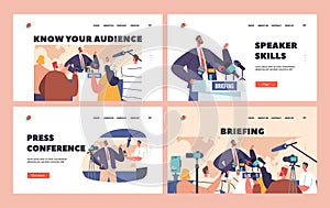 Briefing Landing Page Template Set. Man Speaking to Audience during Press Conference, Journalists with Microphones