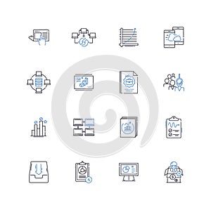 briefing line icons collection. Summary, Meeting, Instructions, Communication, Report, Presentation, Advisory vector and photo