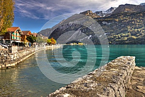 Brienz promanade in beatuful autumn sunset, Bernese Highlands, Switzerland, HDR