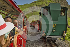Brienz-Rothorn, Switzerland - Red Cog Railway Track with SLM 3567 H 2/3, Wappen Bern steam engine made in 1992