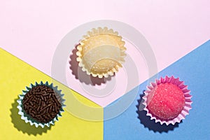 Brigadeiro Beijinho and Bicho de Pe: sweets from Brazil. Child b photo