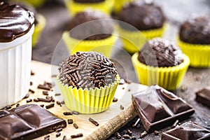 Brigadeiro or negrinho, a Brazilian chocolate candy common in children`s parties photo