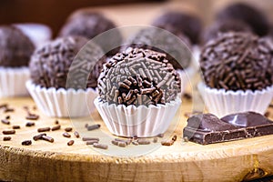 Brigadeiro or negrinho, a Brazilian chocolate candy common in children`s parties photo