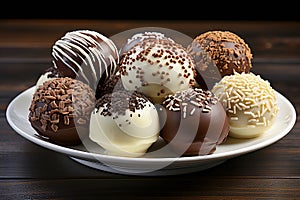 Brigadeiros - small chocolate truffles elegantly displayed on a white platter, tempting viewers to indulge in their rich and