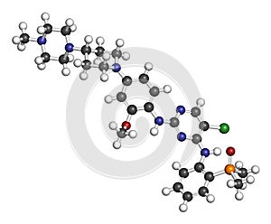 Brigatinib cancer drug molecule. 3D rendering. Atoms are represented as spheres with conventional color coding: hydrogen (white),