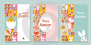 Bright 3 festive cards set for Happy Easter. Minimalist design with simple geometric shapes with typography.