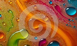 Bright abstract colorful liquid background with transparent multi-colored drops and bubbles