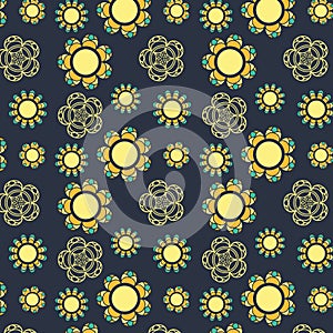 Bright abstract floral shapes on dark blue background, pattern