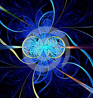 Bright abstract fractal background of glowing blue infinity sign and geometric elements. Beautiful abstract glowing fractal to
