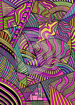 Bright abstract geometric shapes from triangles, ellipses with many patterns, doodle psychedelic art colorful background