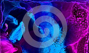 Bright abstract neon dark blue, pink and purple alcohol ink background. Liquid watercolor paint splash texture effect illustration