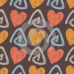 Bright Abstract Seamless Pattern of Hand-Drawn Pink, Yellow, Blue and Brown Hearts and Scrawls on Dark Background. Style of