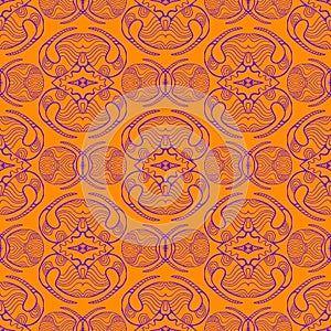 Bright afrikan tribal abstract ornament in doodle style seamless pattern, violet outline line, isolated on orange