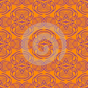 Bright afrikan tribal abstract ornament in doodle style seamless pattern, violet outline line, isolated on orange photo