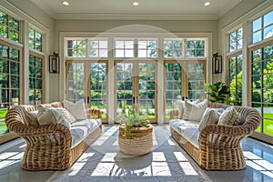 Bright and airy American minimalist sunroom with elegant wicker furniture