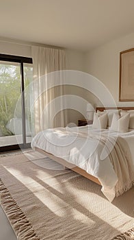 Bright, airy bedroom with a large window, white drapes, a wooden bed, neutral bedding, and a textured rug under the bed